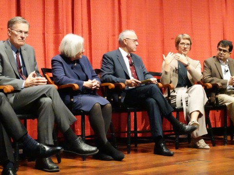 Bruce Walker, Dyann Wirth, moderator George Q. Daley, Angela DePace, and Samir Mitragotri at a symposium titled “Life Sciences Innovation and the Future of Medicine.”