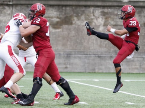 Sophomore Jon Sot averaged a staggering 56.3 yards on three boots. Meanwhile, a second Crimson punter, junior Sean McKeough, also had a booming day, averaging 41.2 yards on four kicks.