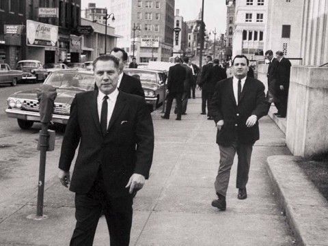 Photograph of Jimmy Hoffa and Chuckie O’Brien near the federal courthouse, March 1, 1964