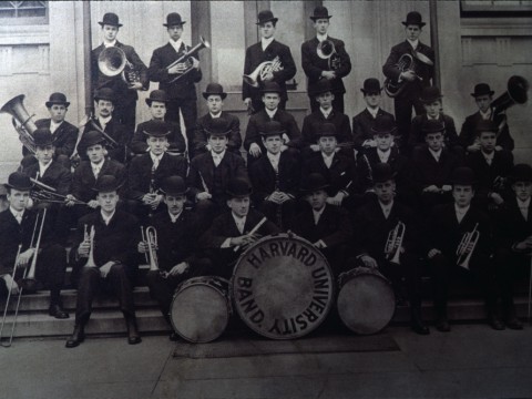 An early group photo of Band members wearing bowler hats