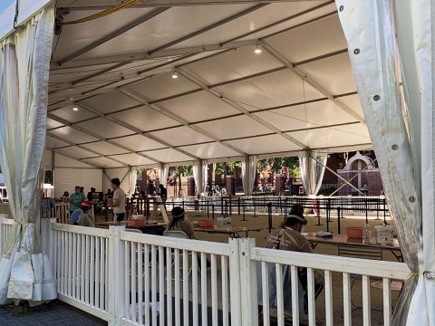 Photograph of Harvard Science Center tent where arriving first-year College students began virus-testing procedures