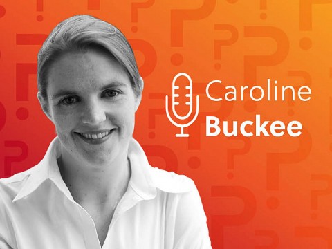 Caroline Buckee headshot over an orange background.