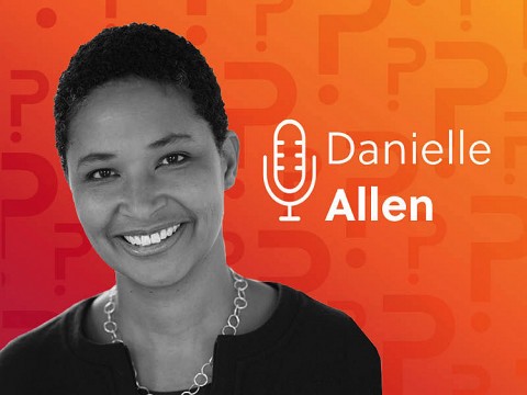 Danielle Allen headshot over an orange background.