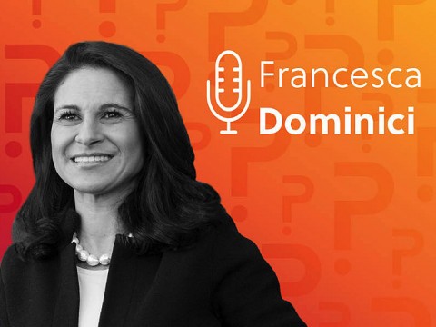 Francesca Dominici headshot over an orange background.