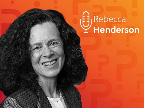 Rebecca Henderson headshot over an orange background