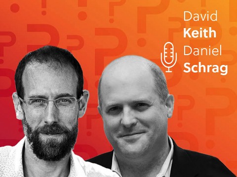 Daniel Schrag and David Keith headshots over an orange background