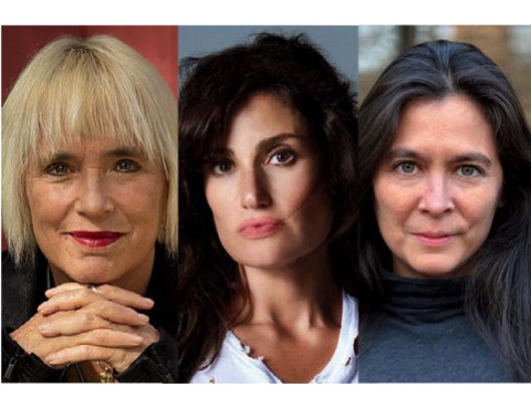 Three headshots: V (formerly Even Ensler), Idina Menzel, and Diane Paulus