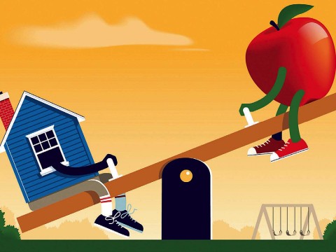 Illustration of a seesaw with a house on one end, and an apple, representing teaching, on the other.