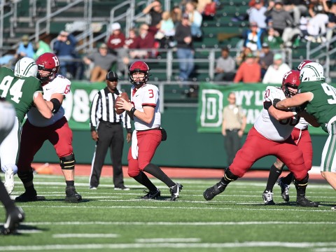 Harvard quarterback Luke Emge in his first start of 2022