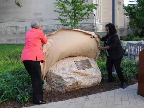 Then-Harvard president Drew Faust and Harvard Law School professor Annette Gordon-Reed unveiled a monument dedicated in 2017 to people enslaved by law school benefactor Isaac Royall Jr.