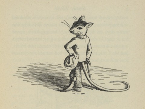 Stuart Little holding a hat and cane