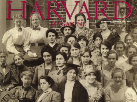 A composite of Radclife College classes through the years: 1896, 1912, 1931, and 1935 on the cover of the November-December 1999 issue of Harvard Magazine.