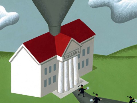 An illustration showing money being deposited via funnel into a columned building labeled "college"