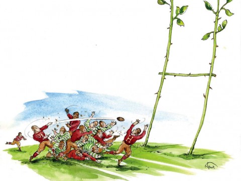 Drawing of Harvard and Oregon football players at the Rose Bowl, with the goalposts depicted at two long-stemmed red roses with a bar between them