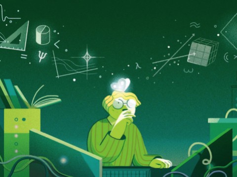 Imaginative drawing of a student contemplating mathematical concepts floating above his head