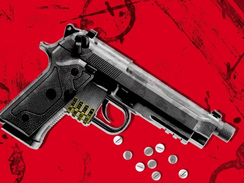 An illustration of a handgun with bullets