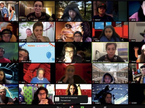 A Zoom screen shot of multiple Harvard student members of the College radio station, WHRB
