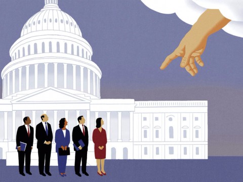 An illustration by James Steinberg shows a heavenly hand extending down to the U.S. Capitol and attempting to influence members of Congress