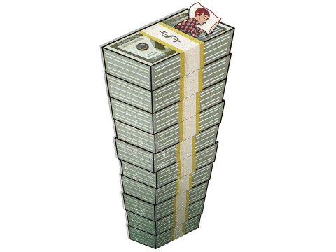 Illustratio of a man sleeping on a mattress made of stacks of dollars.