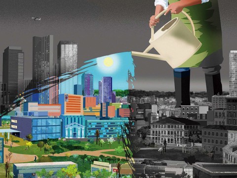 Illustration of a watering can irrigating a city to make it healthy