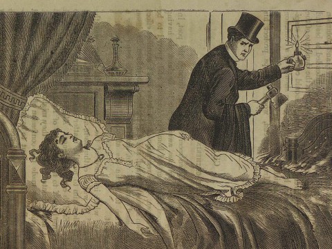 Newspaper illustration depicts Richard P. Robinson fleeing Helen Jewett's murder scene