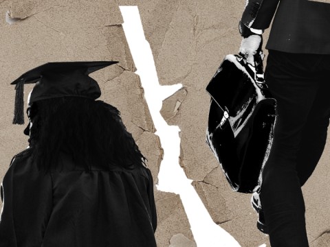 A paper ripped down the middle: on left, a college graduate looks over their shoulder; on right, an employer with a briefcase walks in the opposite direction