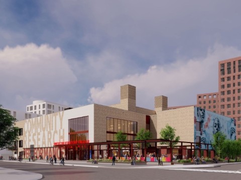 The proposed performing arts center, as seen from across North Harvard Street.