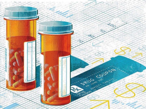 Illustration of pill bottles, and the long shadow of higher drug prices supported by coupons