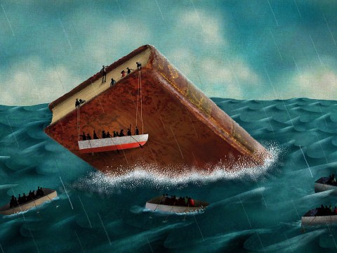 Illustration of book like a sinking ship, emblematic of problems in the humanities