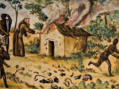 Conflicting cultures in Africa: “The Missionary burns the House of a Witch,” ca. 1750, from the book, Images on a Mission in Early Modern Kongo and Angola