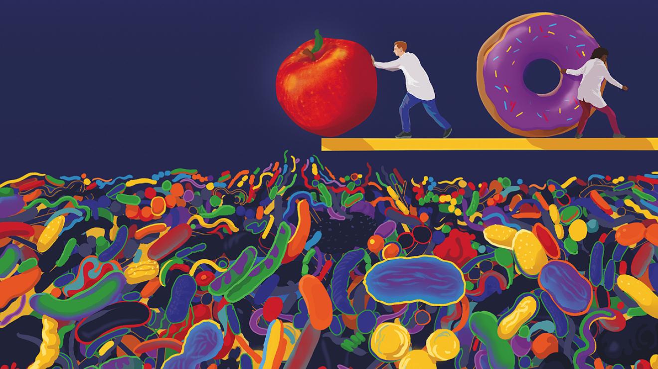 Illustration of an apple being pushed from a platform into a sea of colorful microbes