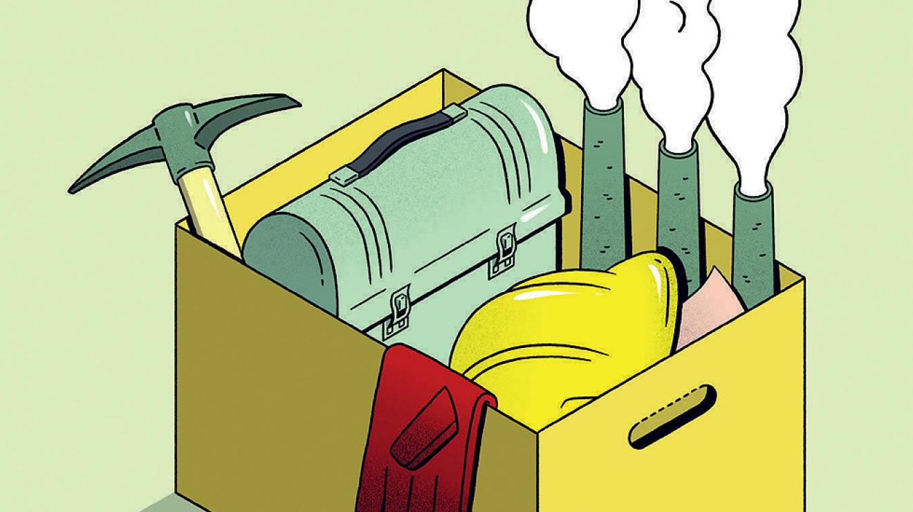 Illustration of a box containing a laid-off fossil fuel worker's office belongings