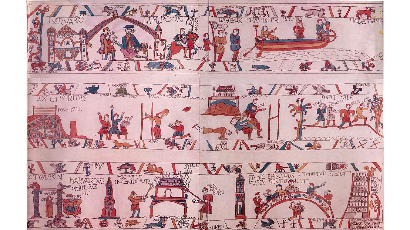 Illustration for Harvard Lampoon cover showing a Harvard-Yale football game rendered in the style of the famous Bayeux Tapestry