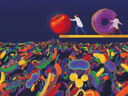 Illustration of an apple being pushed from a platform into a sea of colorful microbes