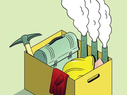 Illustration of a box containing a laid-off fossil fuel worker's office belongings
