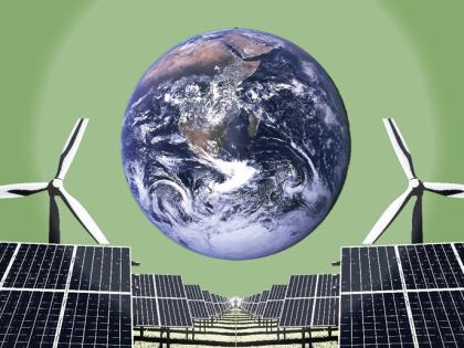 Graphic depicting the earth among wind turbines and solar panels 