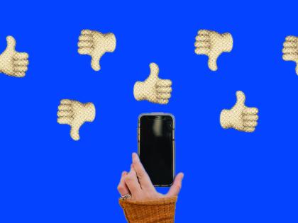 Montage illustration of person holding a phone with thumbs up and down in the background