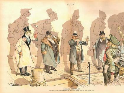 The views of Charles William Eliot and Oliver Wendell Holmes Sr. (whose images follow) aided the descendants of immigrants in keeping out new immigrants, as depicted in Joseph Keppler’s 1893 political cartoon “Looking Backward,” from Puck.
