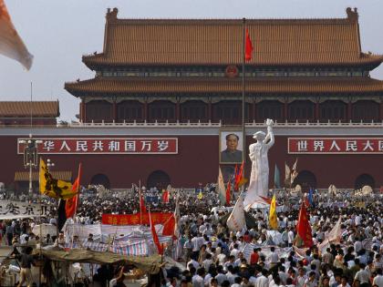 Tiananmen Square on May 28, with the student-made Goddess of Democracy statue facing the portrait of Mao Zedong, China&rsquo;s revolutionary founder
