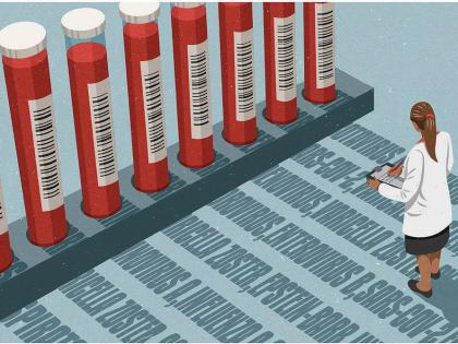 Illustration of a woman in a lab coat studying shadows cast by vials of blood, each shadow a readout indicating the presence of a past exposure to a specific pathogen.