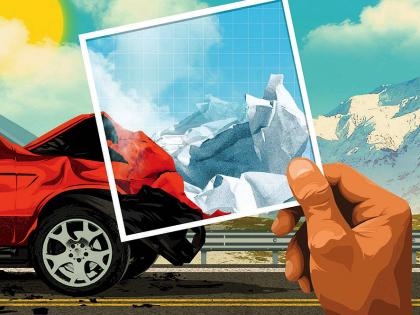 An illustration of the crumpled front end of a car that has been in an accident with mountains that are the result of crumpling of Earth's crust, rising in the background