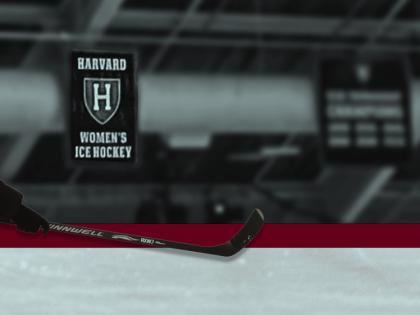 Montage of hockey player in ice rink, with Harvard's women's hockey insignia over it