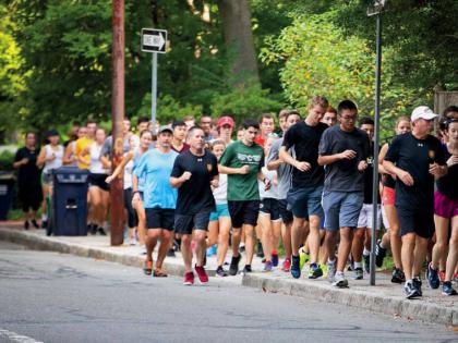 President Larry Bacow out for a run with students, August 28, 2018