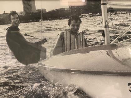 Jim Hammitt and a teammate sailing a Lark dinghy on the Charles River in 1976