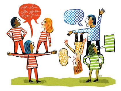 Illustration of two teams working together. One is well-coordinated, the other is not.