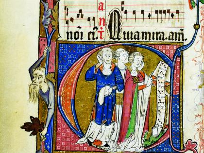 An ornate initial capital for Psalm 96 (<i>Cantate Domino canticum novum</i>) shows three singers singing a &ldquo;new song,&rdquo; probably a polyphonic motet.