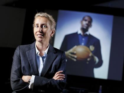 Anita Elberse, backed by a picture of basketball superstar LeBron James, an important figure in her book <i>Blockbusters</i> 