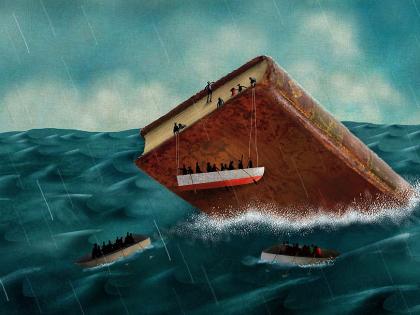 Illustration of book like a sinking ship, emblematic of problems in the humanities