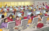 A busy classroom filled with students working at computers, colorful decor, and a bright atmosphere.