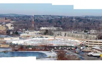 A panoramic view of Allston: the science site (center), Harvard stadium (right)